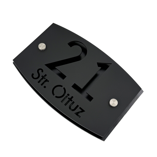 PREMIUM HOUSE NUMBER - Satin Black Aluminium Black Pearly 2 Spacers Silver - 20×13 cm
