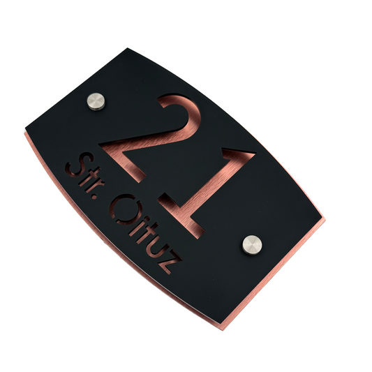 PREMIUM HOUSE NUMBER - Satin Black Aluminium Copper Mirror 2 Spacers Silver - 20×13 cm