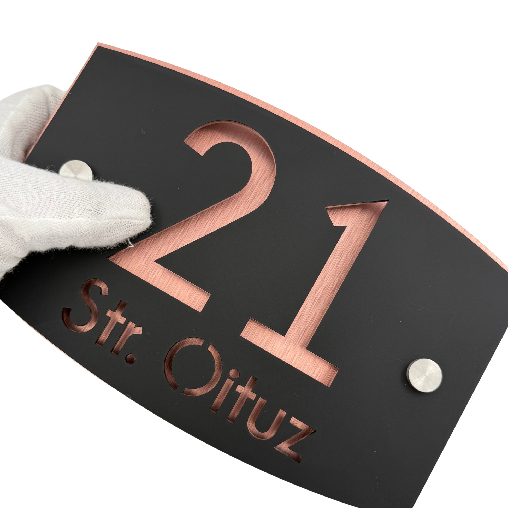 PREMIUM HOUSE NUMBER - Satin Black Aluminium Copper Mirror 2 Spacers Silver - 20×13 cm