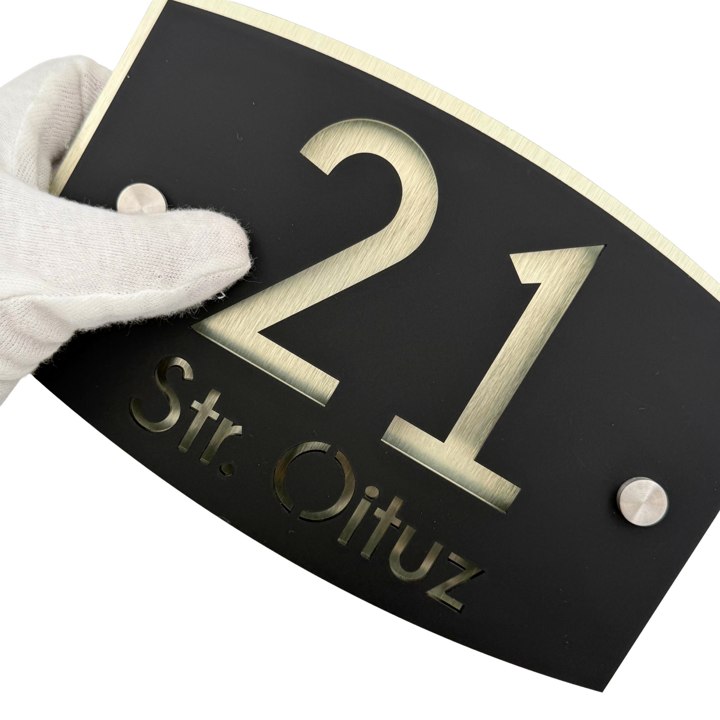 PREMIUM HOUSE NUMBER - Satin Black Aluminium Gold Pearly 2 Spacers Silver - 20×13 cm
