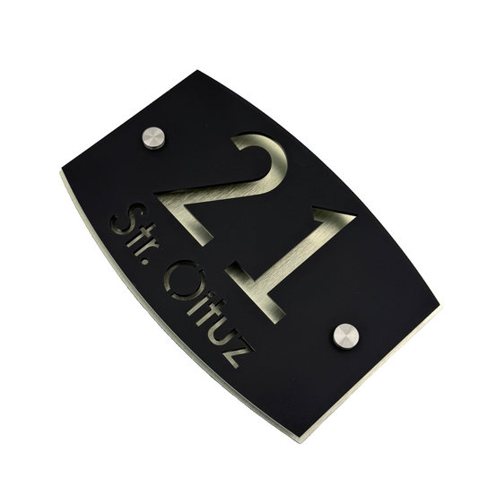 PREMIUM HOUSE NUMBER - Satin Black Aluminium Gold Pearly 2 Spacers Silver - 20×13 cm