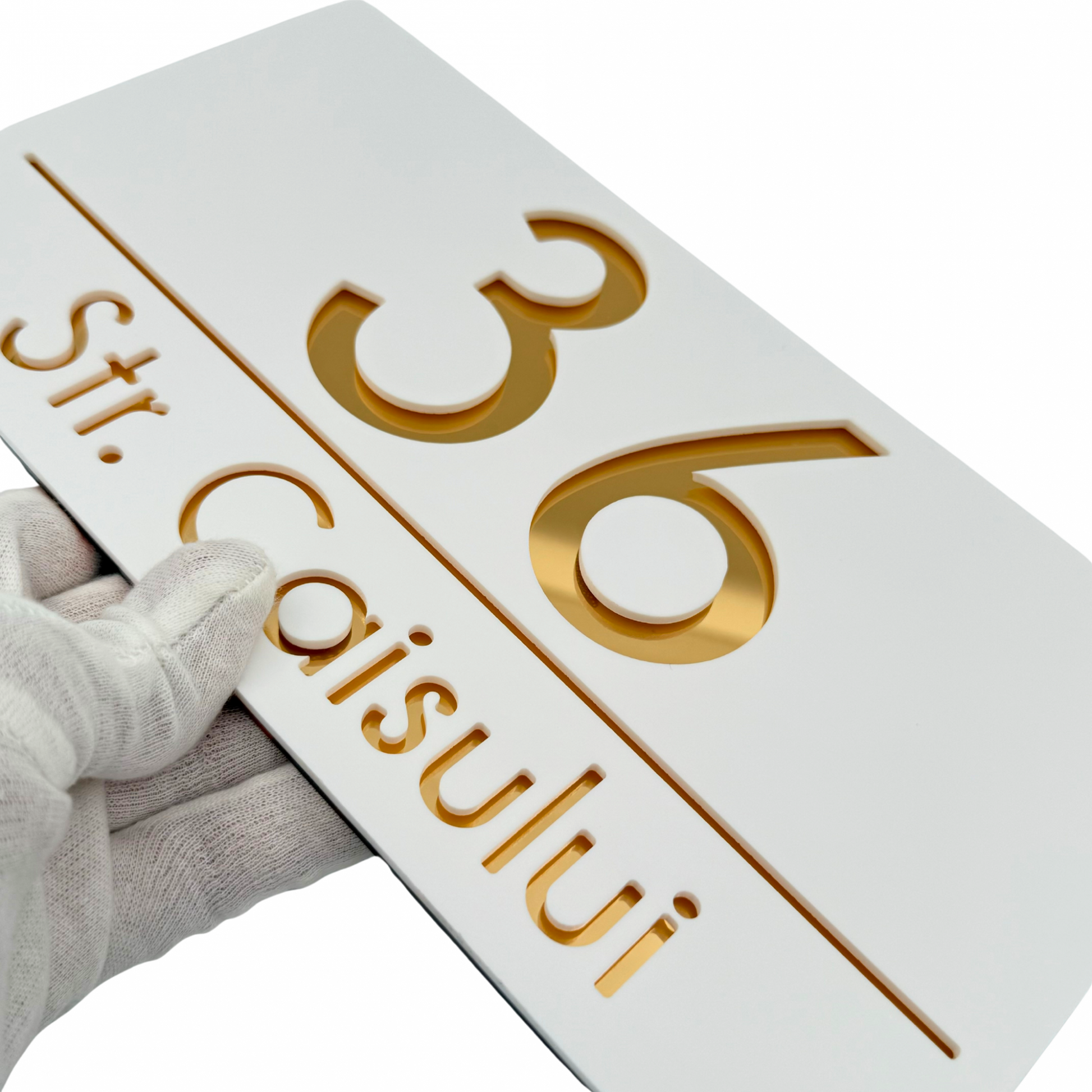 PREMIUM HOUSE NUMBER - White Satin Gold Mirror - 28×15 cm