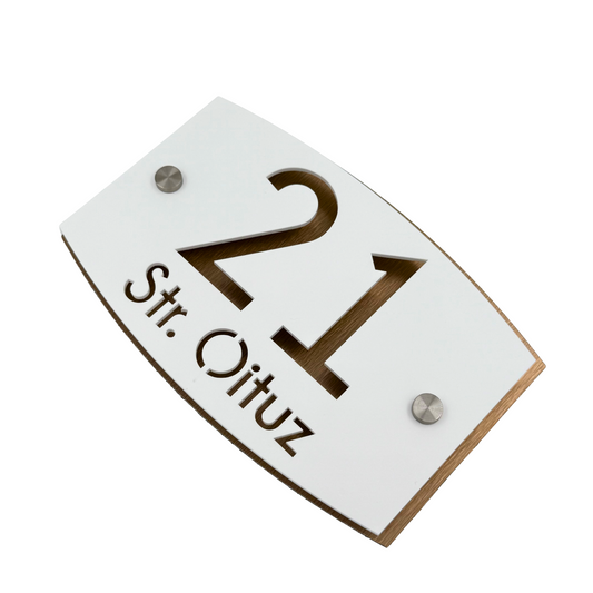 PREMIUM HOUSE NUMBER - White Satin Aluminium Bronze Pearly 2 Spacers Silver - 20×13 cm