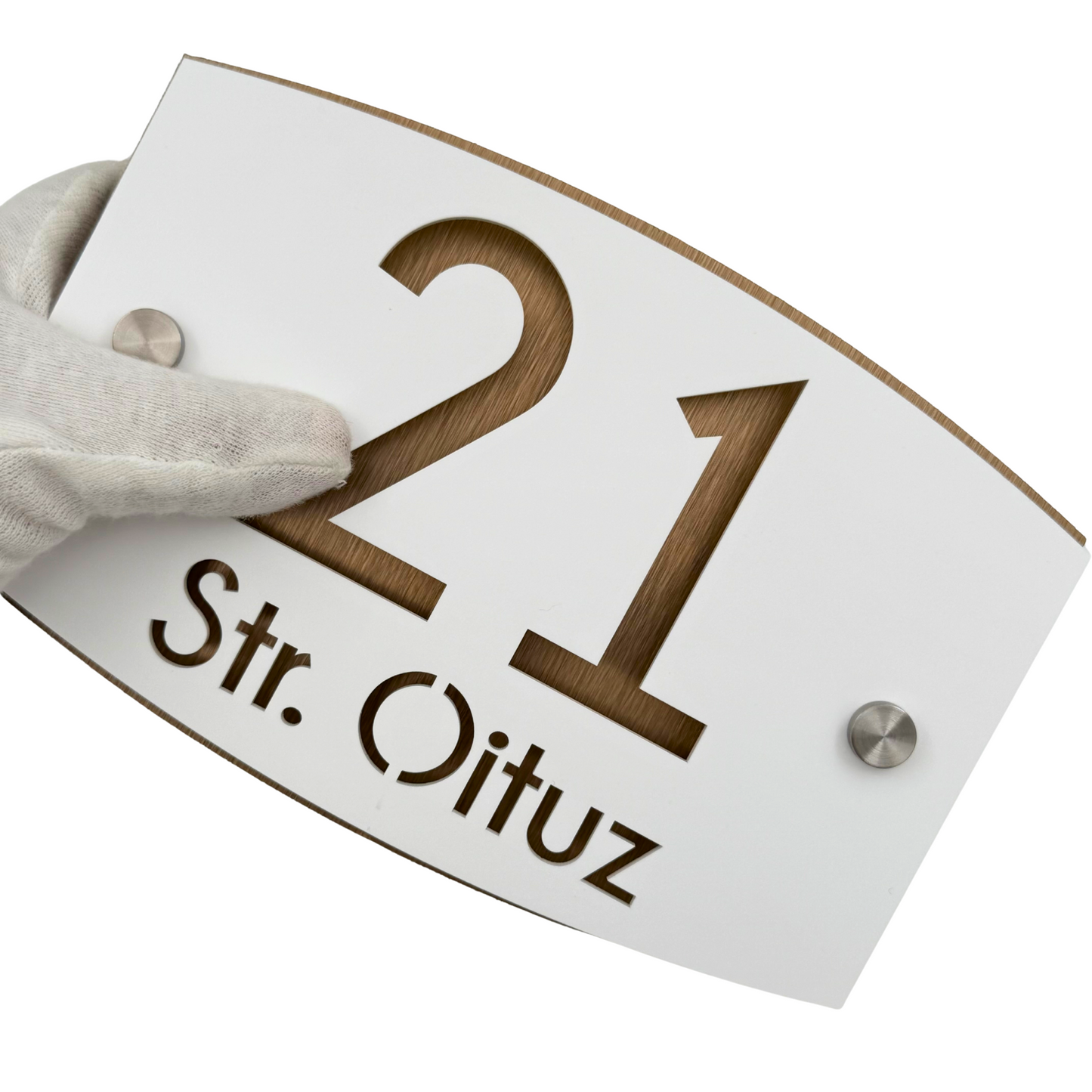 PREMIUM HOUSE NUMBER - White Satin Aluminium Bronze Pearly 2 Spacers Silver - 20×13 cm