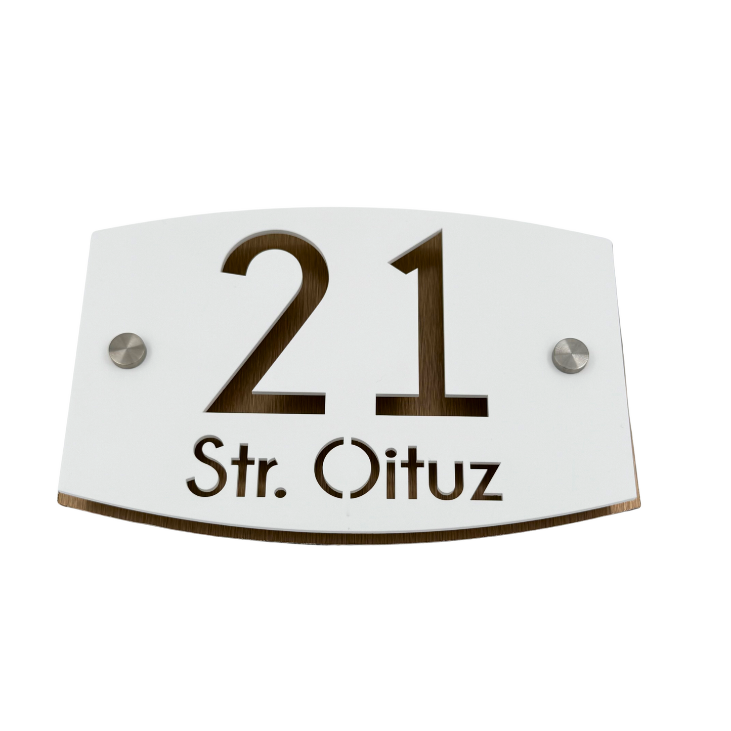 PREMIUM HOUSE NUMBER - White Satin Aluminium Bronze Pearly 2 Spacers Silver - 20×13 cm