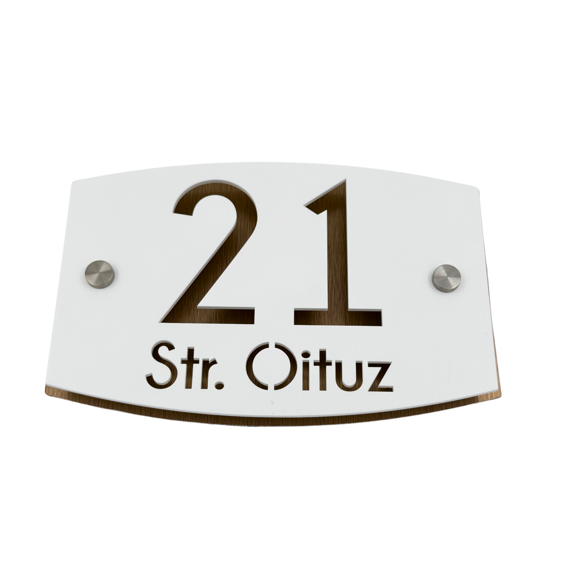 PREMIUM HOUSE NUMBER - White Satin Aluminium Bronze Pearly 2 Spacers Silver - 20×13 cm