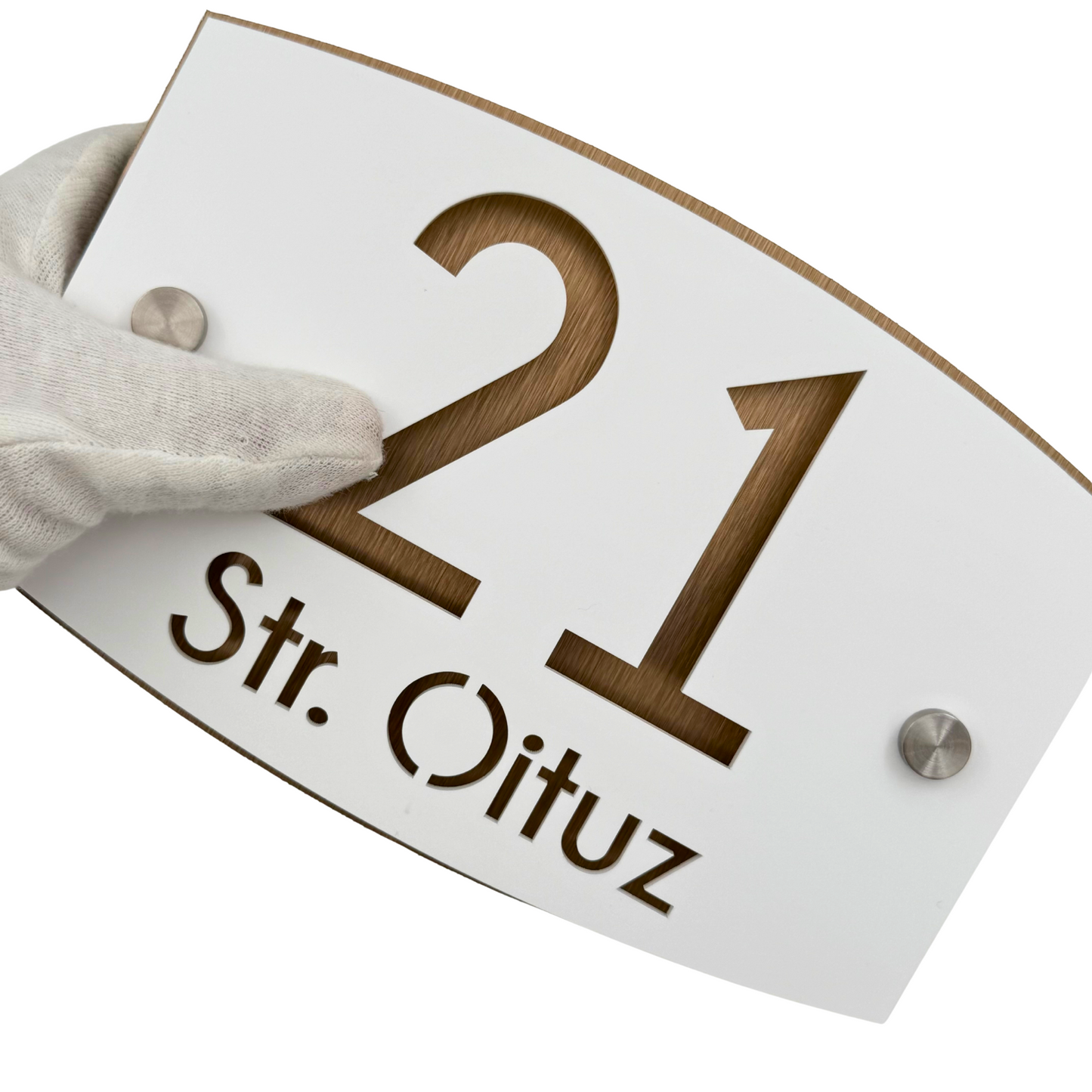 PREMIUM HOUSE NUMBER - White Satin Aluminium Bronze Pearly 2 Spacers Silver - 20×13 cm
