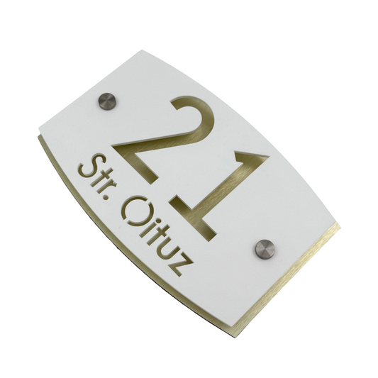 PREMIUM HOUSE NUMBER - White Satin Aluminium Gold Mirror 2 Spacers Silver - 20×13 cm