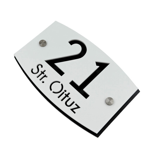 PREMIUM HOUSE NUMBER - White Satin Aluminium Black Pearly 2 Spacers Silver - 20×13 cm