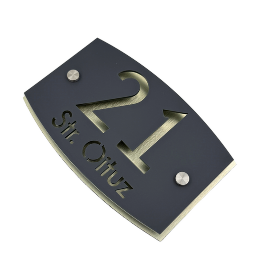PREMIUM HOUSE NUMBER - Satin Grey Aluminium Gold Pearly 2 Spacers Silver - 20×13 cm