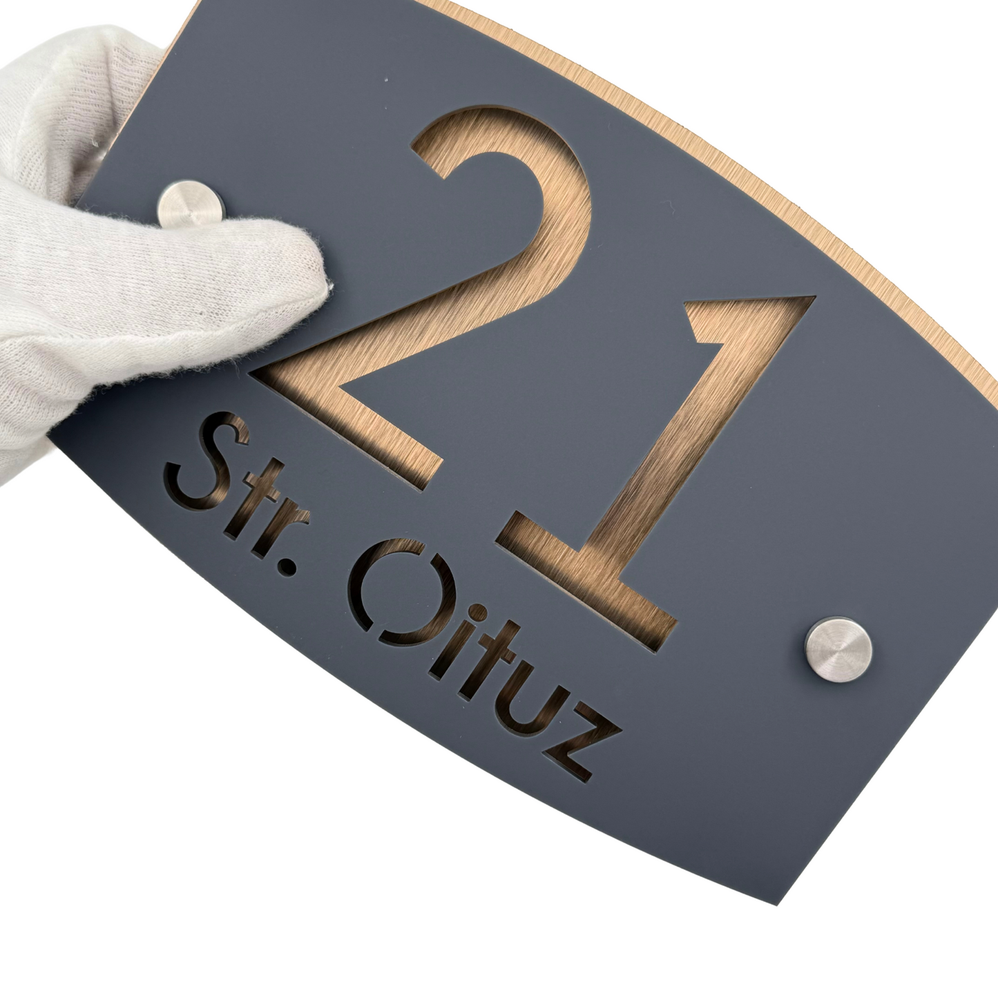 PREMIUM HOUSE NUMBER - Satin Grey Aluminium Bronze Pearly 2 Spacers Silver - 20×13 cm