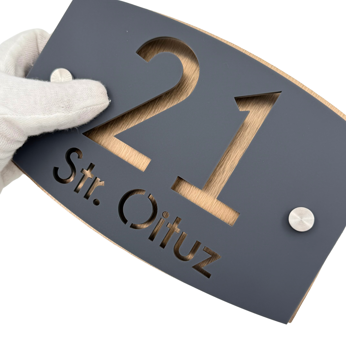 PREMIUM HOUSE NUMBER - Satin Grey Aluminium Bronze Pearly 2 Spacers Silver - 20×13 cm