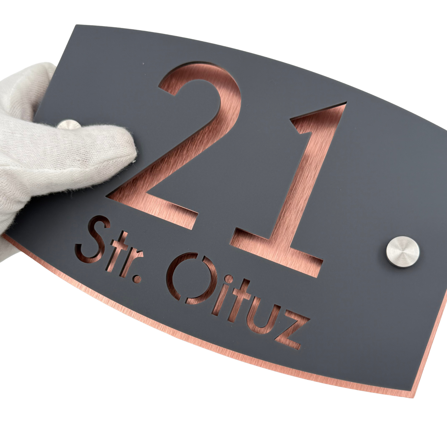 PREMIUM HOUSE NUMBER - Satin Black Aluminium Gold Mirror 2 Spacers Silver - 20×13 cm