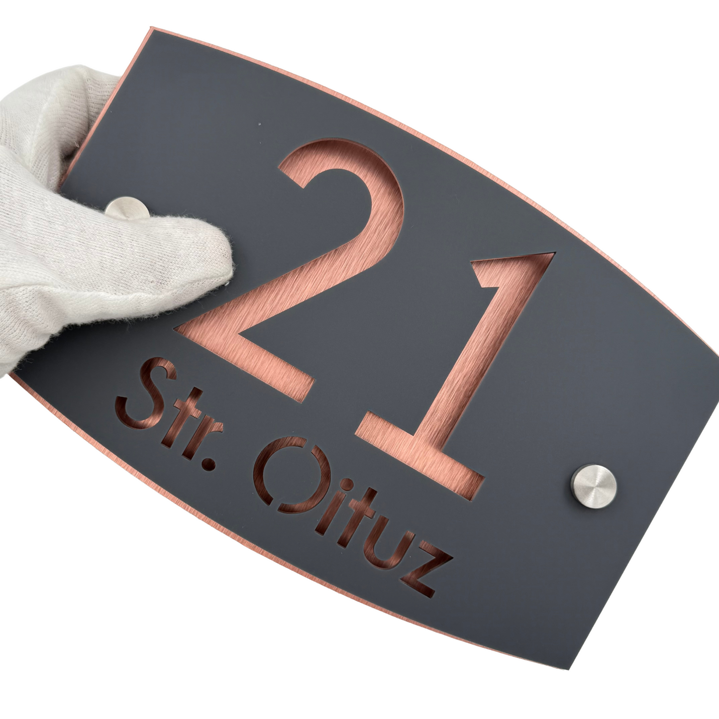 PREMIUM HOUSE NUMBER - Satin Black Aluminium Gold Mirror 2 Spacers Silver - 20×13 cm