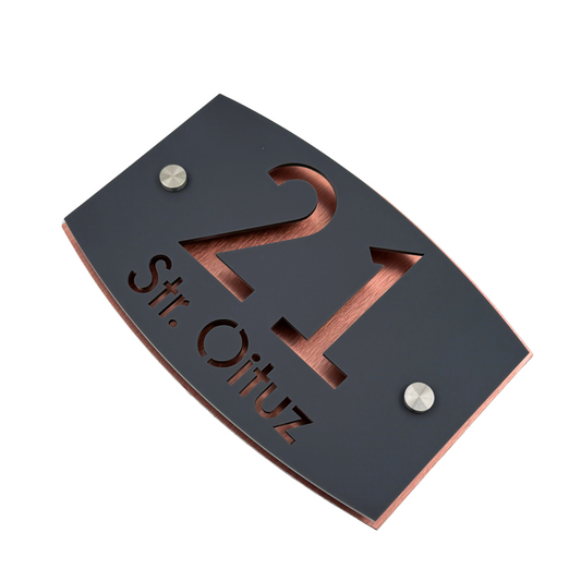 PREMIUM HOUSE NUMBER - Satin Black Aluminium Gold Mirror 2 Spacers Silver - 20×13 cm