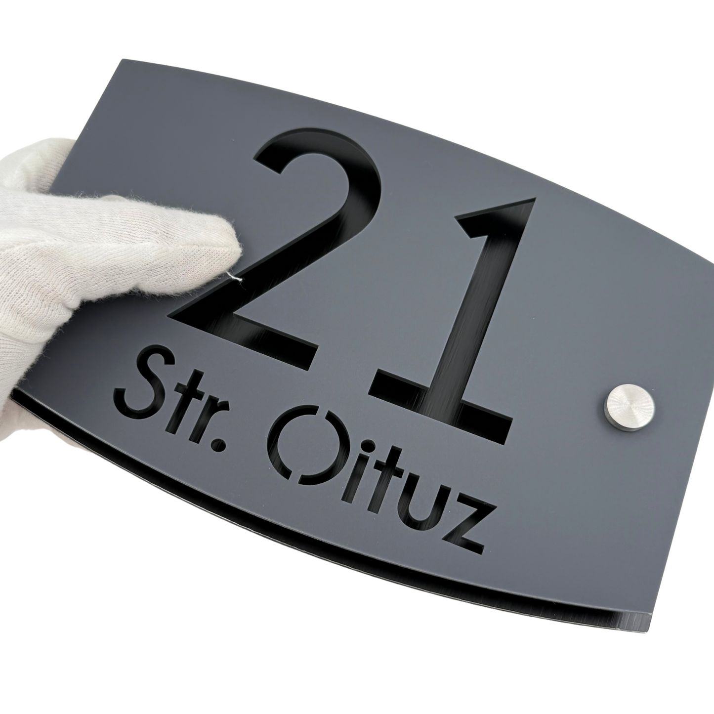 PREMIUM HOUSE NUMBER - Satin Grey Aluminium Black Pearly 2 Spacers Silver - 20×13 cm