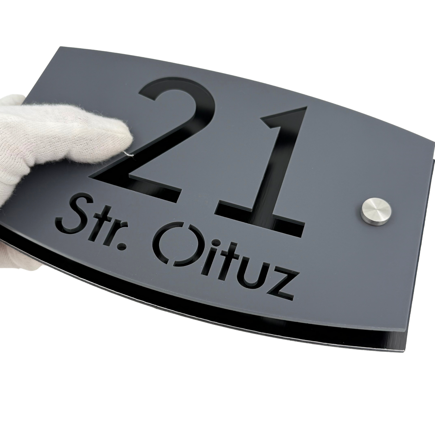 PREMIUM HOUSE NUMBER - Satin Grey Aluminium Black Pearly 2 Spacers Silver - 20×13 cm
