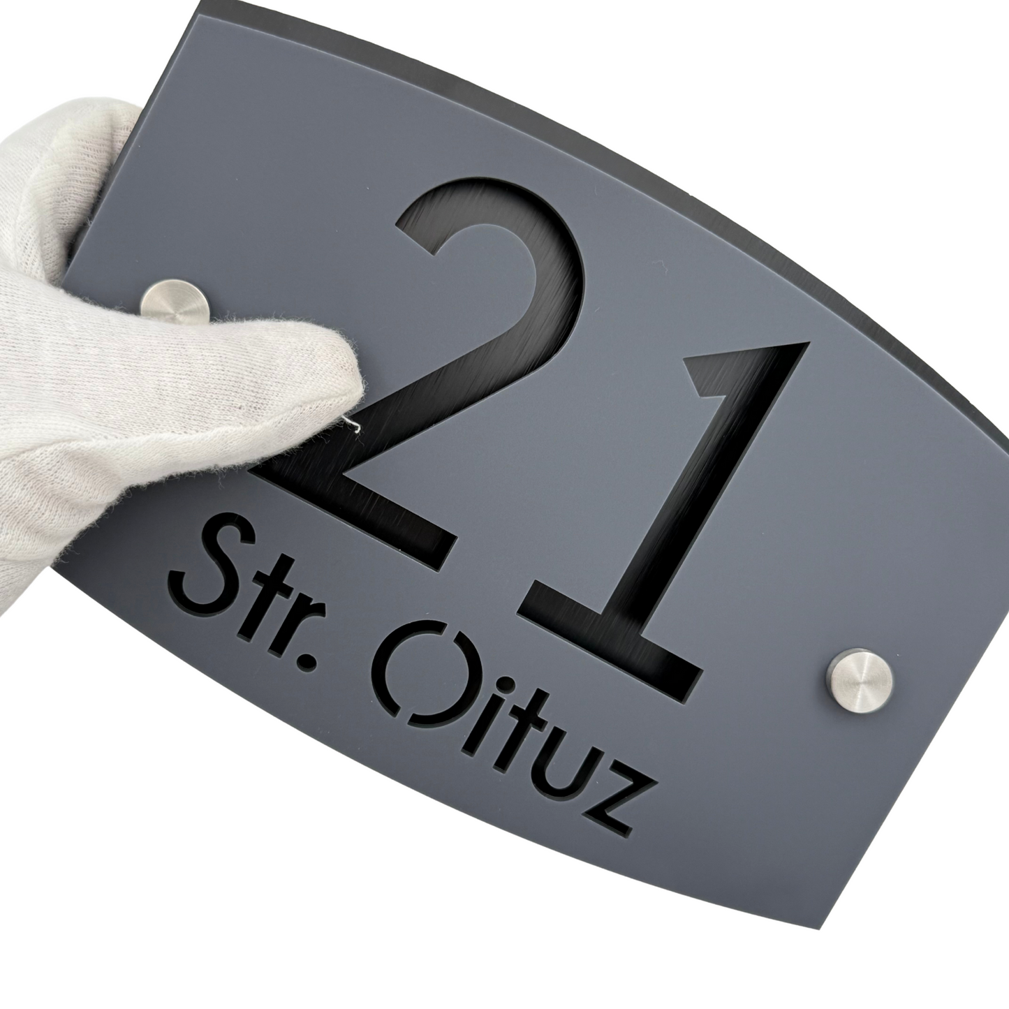 PREMIUM HOUSE NUMBER - Satin Grey Aluminium Black Pearly 2 Spacers Silver - 20×13 cm