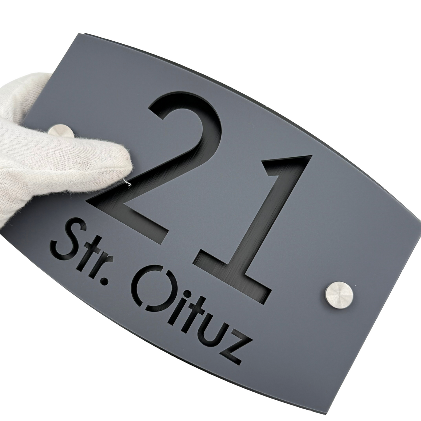 PREMIUM HOUSE NUMBER - Satin Grey Aluminium Black Pearly 2 Spacers Silver - 20×13 cm
