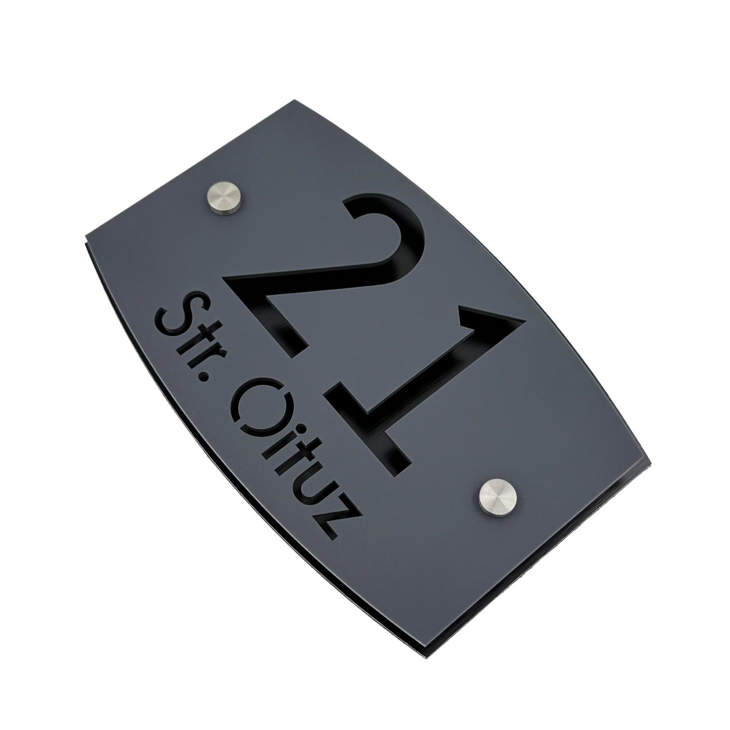 PREMIUM HOUSE NUMBER - Satin Grey Aluminium Black Pearly 2 Spacers Silver - 20×13 cm