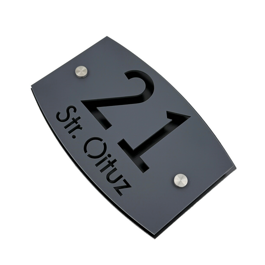 PREMIUM HOUSE NUMBER - Satin Grey Aluminium Black Pearly 2 Spacers Silver - 20×13 cm