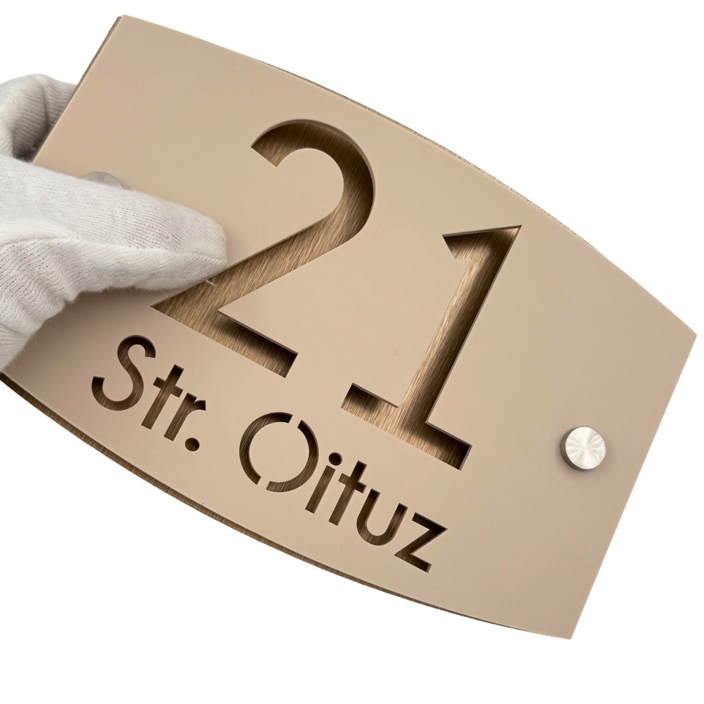PREMIUM HOUSE NUMBER - Cream colour Satin Aluminium Bronze Pearly 2 Spacers Silver - 20×13 cm