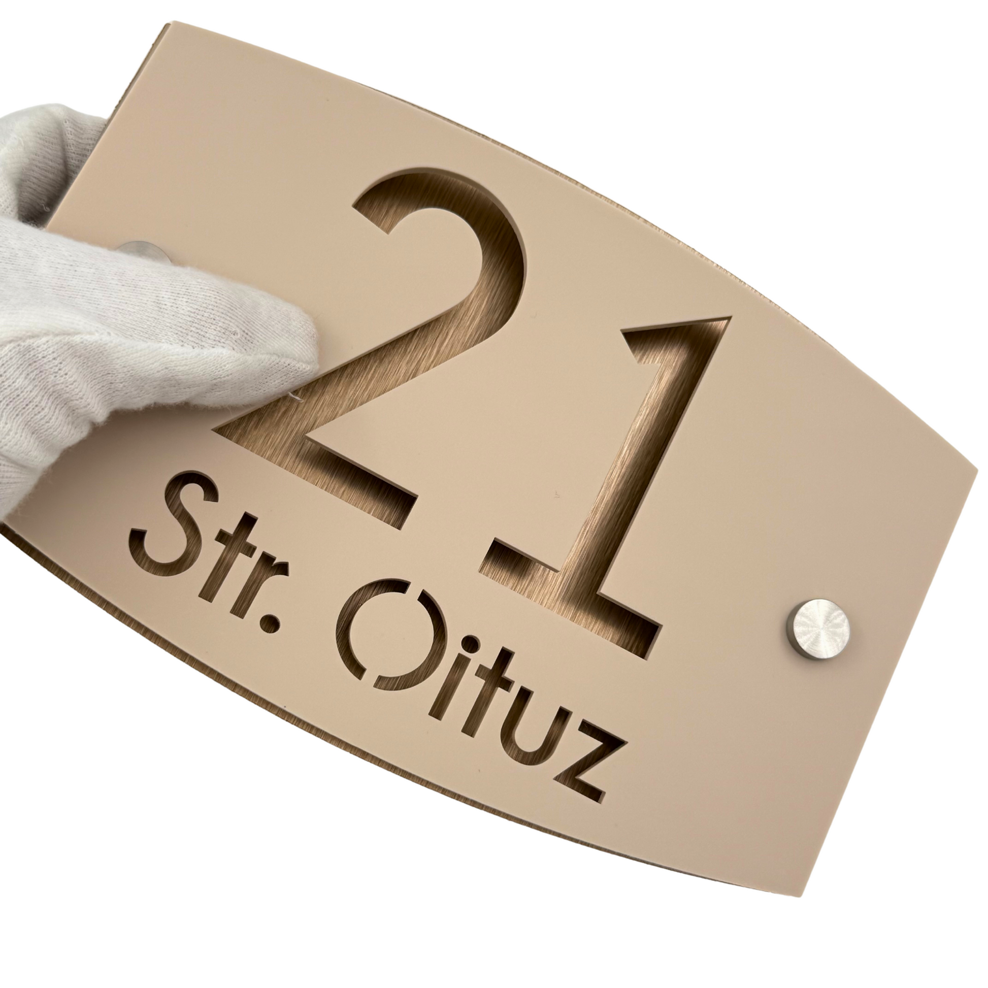 PREMIUM HOUSE NUMBER - Cream colour Satin Aluminium Bronze Pearly 2 Spacers Silver - 20×13 cm