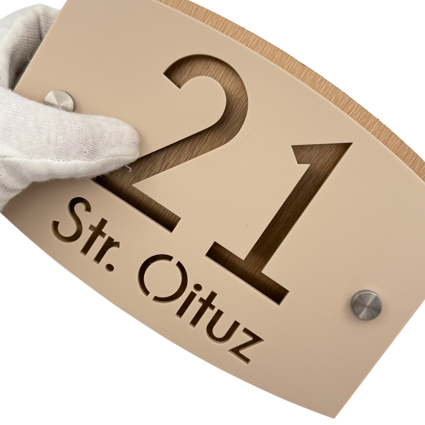 PREMIUM HOUSE NUMBER - Cream colour Satin Aluminium Bronze Pearly 2 Spacers Silver - 20×13 cm