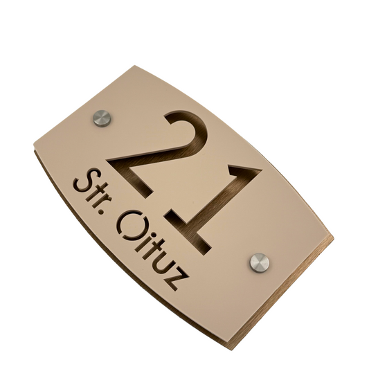 PREMIUM HOUSE NUMBER - Cream colour Satin Aluminium Bronze Pearly 2 Spacers Silver - 20×13 cm