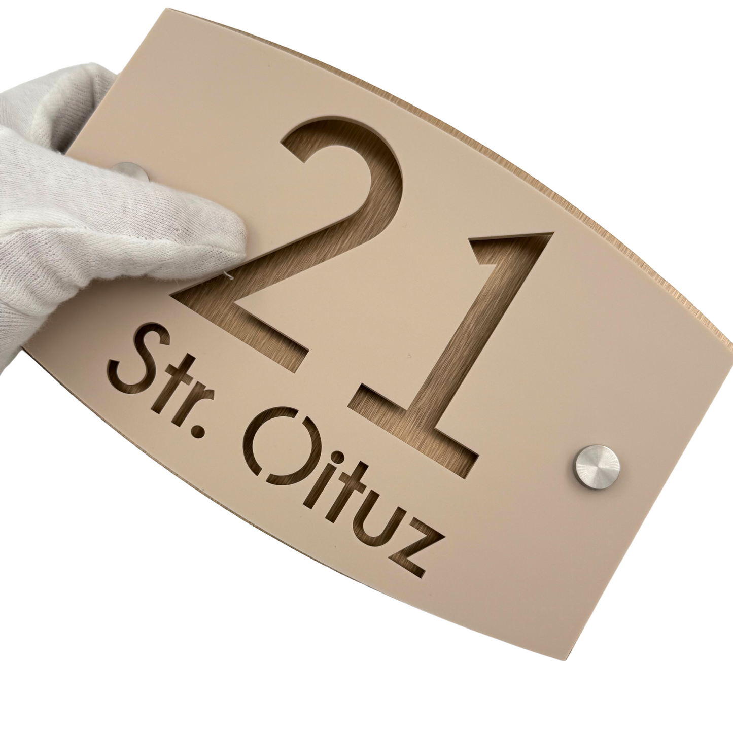 PREMIUM HOUSE NUMBER - Cream colour Satin Aluminium Bronze Pearly 2 Spacers Silver - 20×13 cm