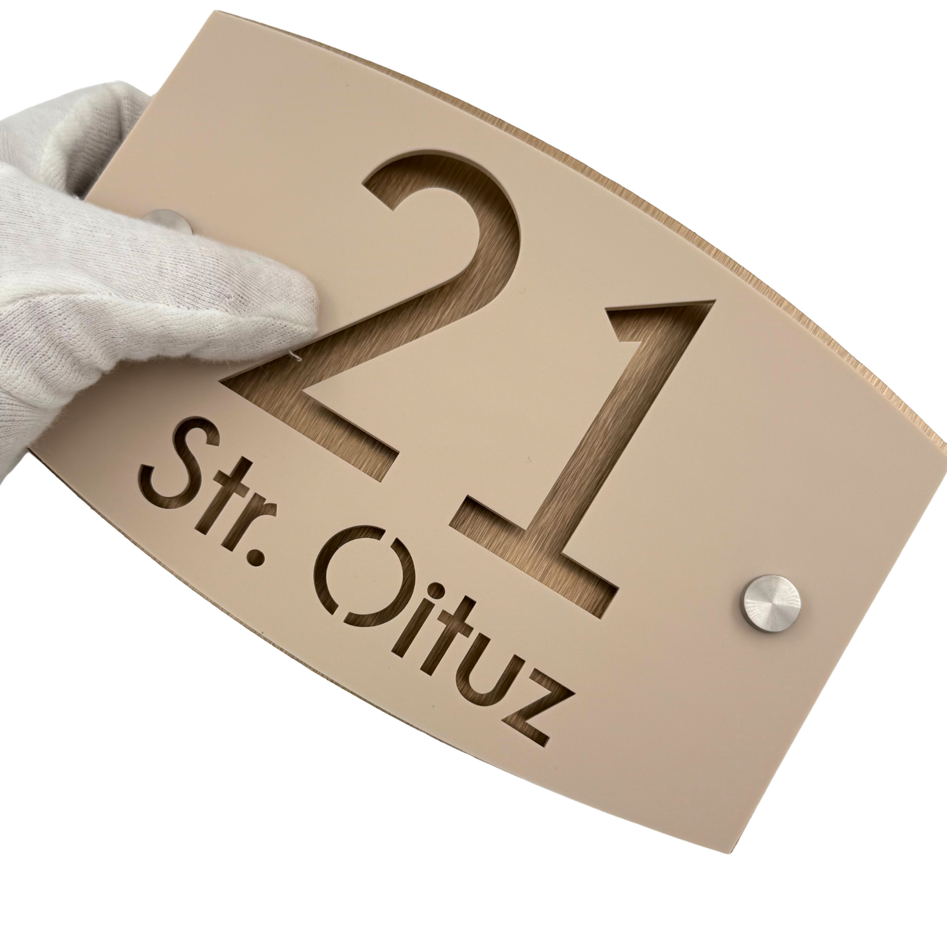 PREMIUM HOUSE NUMBER - Cream colour Satin Aluminium Bronze Pearly 2 Spacers Silver - 20×13 cm