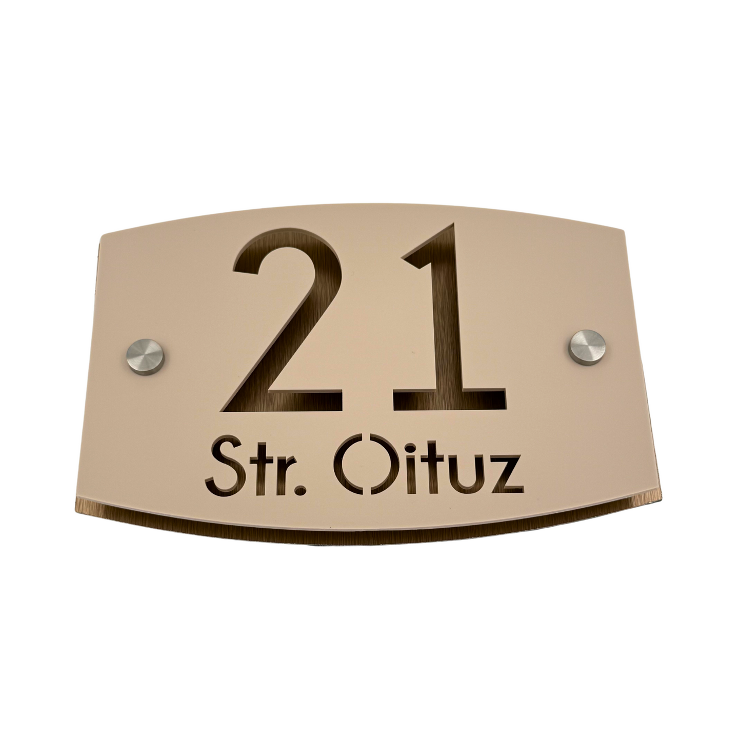 PREMIUM HOUSE NUMBER - Cream colour Satin Aluminium Bronze Pearly 2 Spacers Silver - 20×13 cm