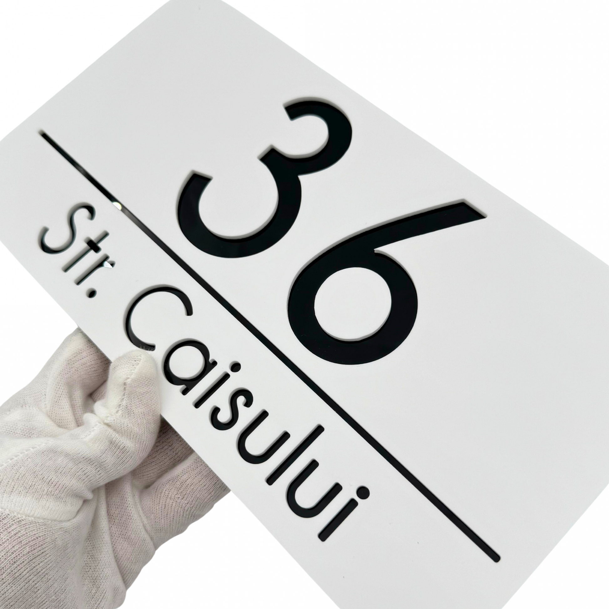 PREMIUM HOUSE NUMBER - White Satin Glossy Black - 28×15 cm