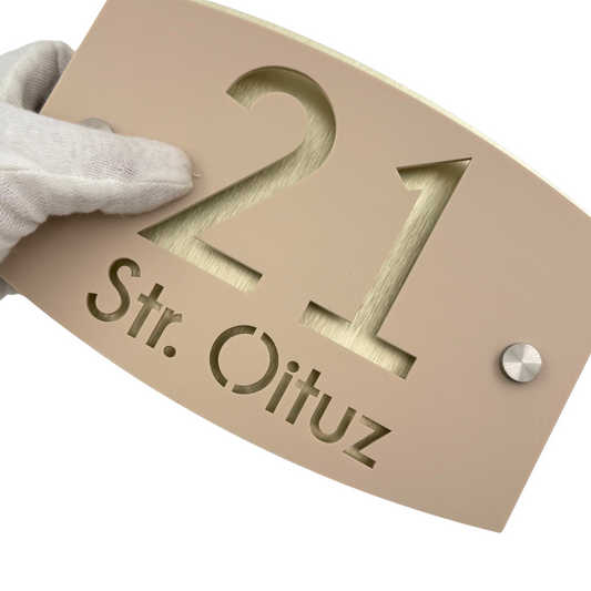 PREMIUM HOUSE NUMBER - Satin Black Aluminium Gold Pearly 2 Spacers Silver - 20×13 cm