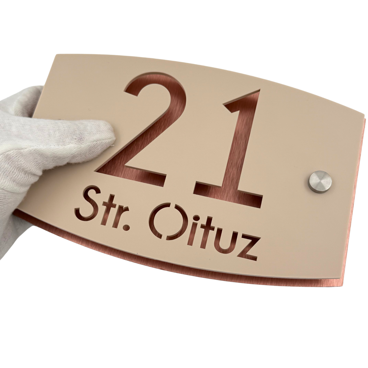 PREMIUM HOUSE NUMBER - Cream colour Satin Aluminium Copper Mirror 2 Spacers Silver - 20×13 cm