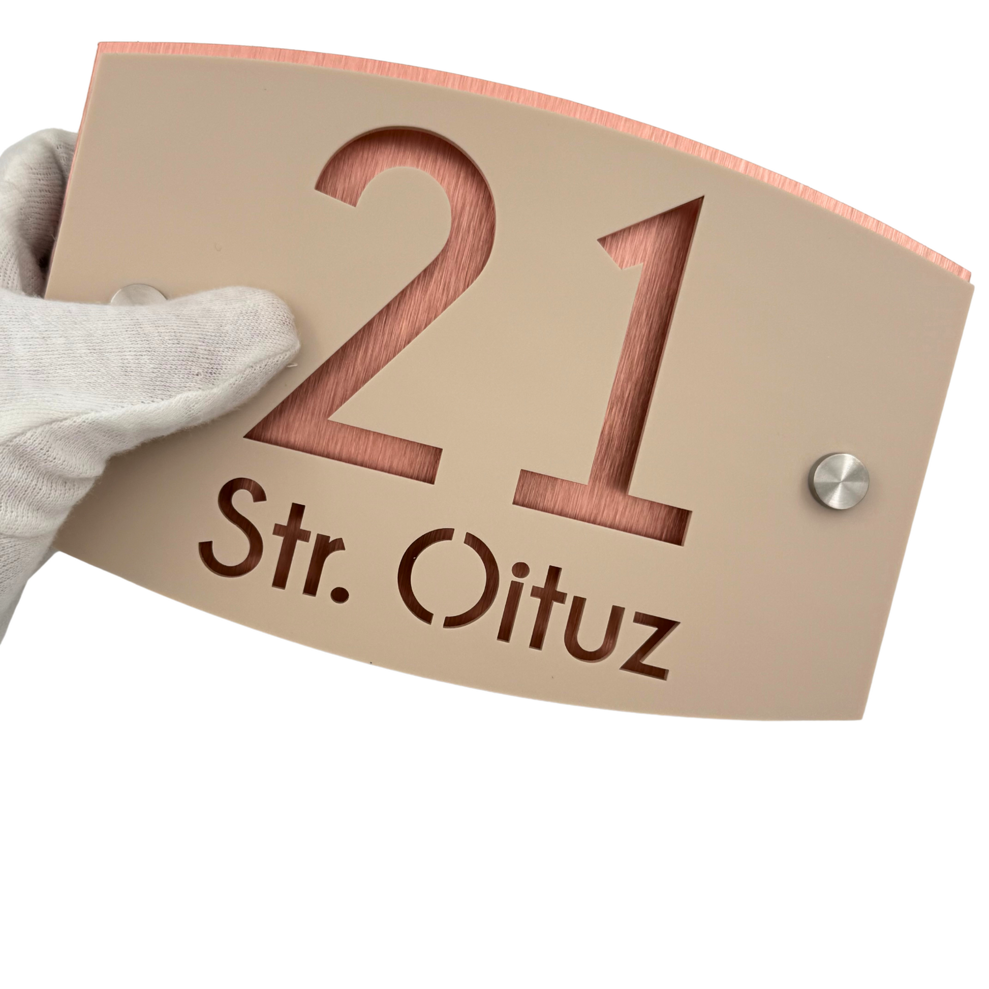 PREMIUM HOUSE NUMBER - Cream colour Satin Aluminium Copper Mirror 2 Spacers Silver - 20×13 cm