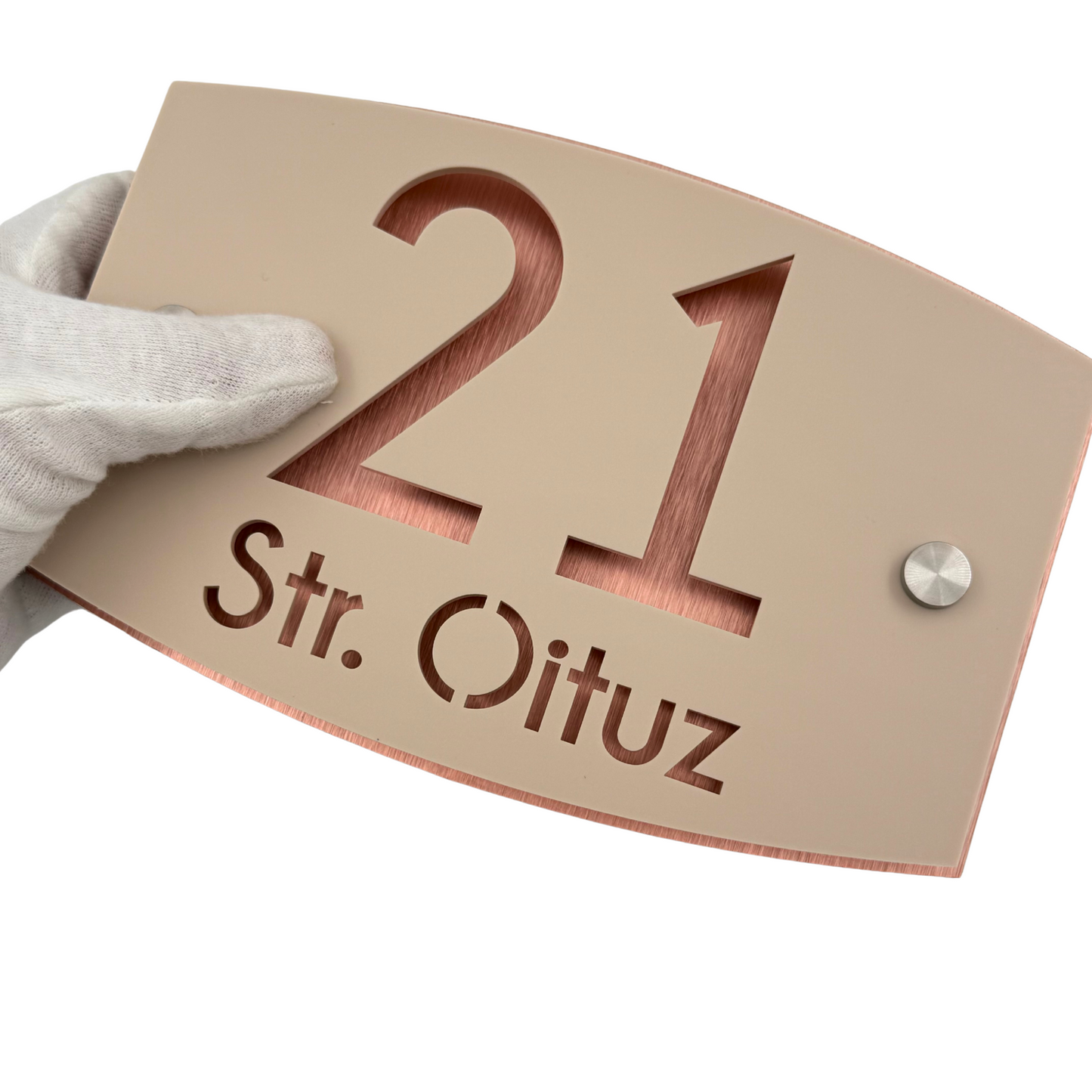 PREMIUM HOUSE NUMBER - Cream colour Satin Aluminium Copper Mirror 2 Spacers Silver - 20×13 cm