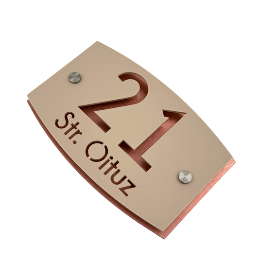 PREMIUM HOUSE NUMBER - Cream colour Satin Aluminium Copper Mirror 2 Spacers Silver - 20×13 cm