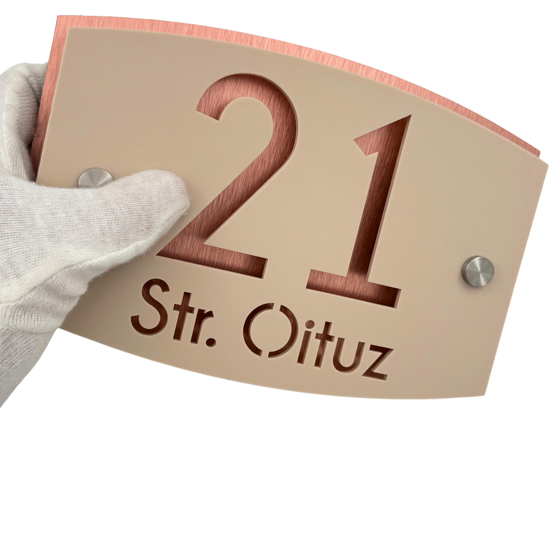 PREMIUM HOUSE NUMBER - Cream colour Satin Aluminium Copper Mirror 2 Spacers Silver - 20×13 cm