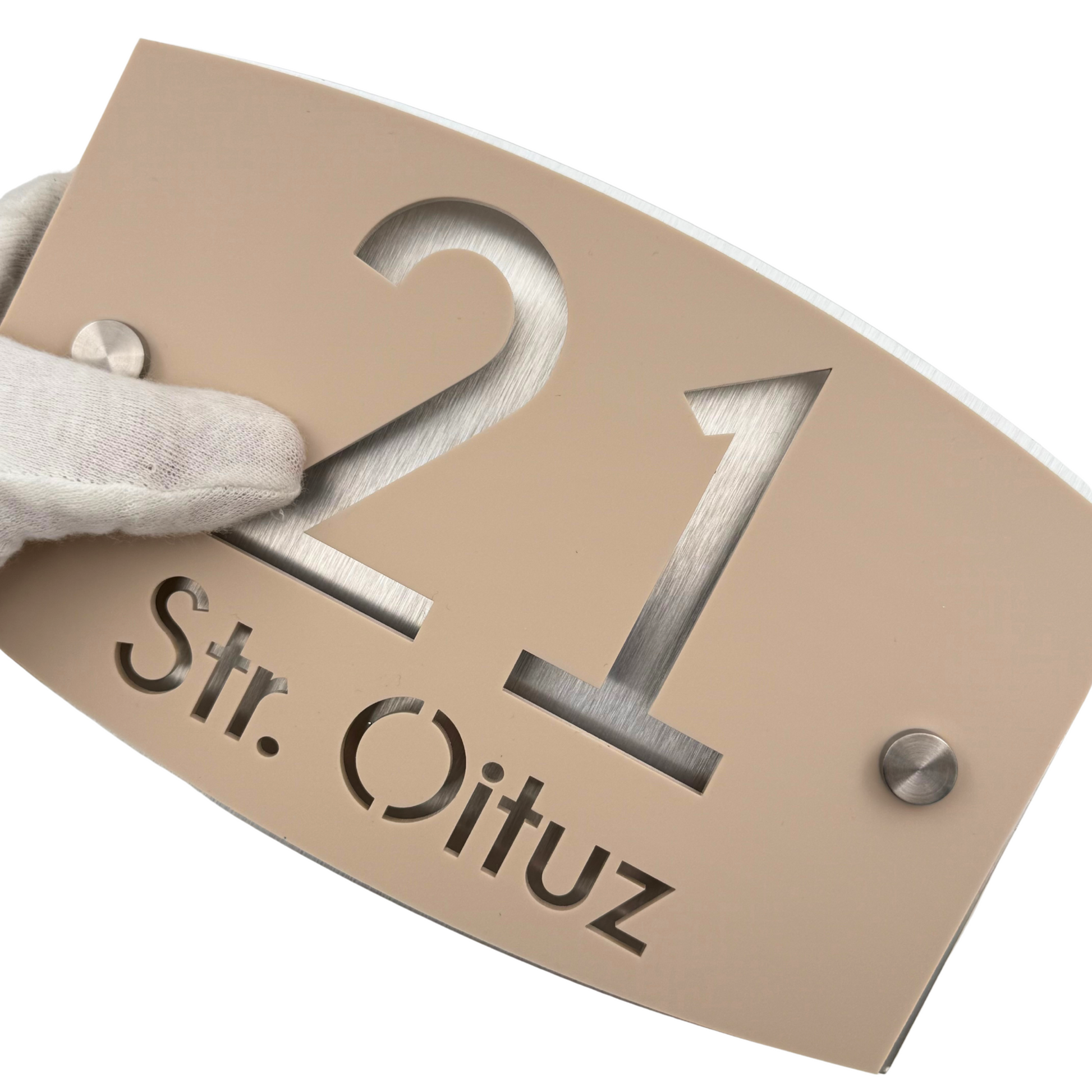 PREMIUM HOUSE NUMBER - Cream colour Satin Aluminium Silver Mirror 2 Spacers Silver - 20×13 cm
