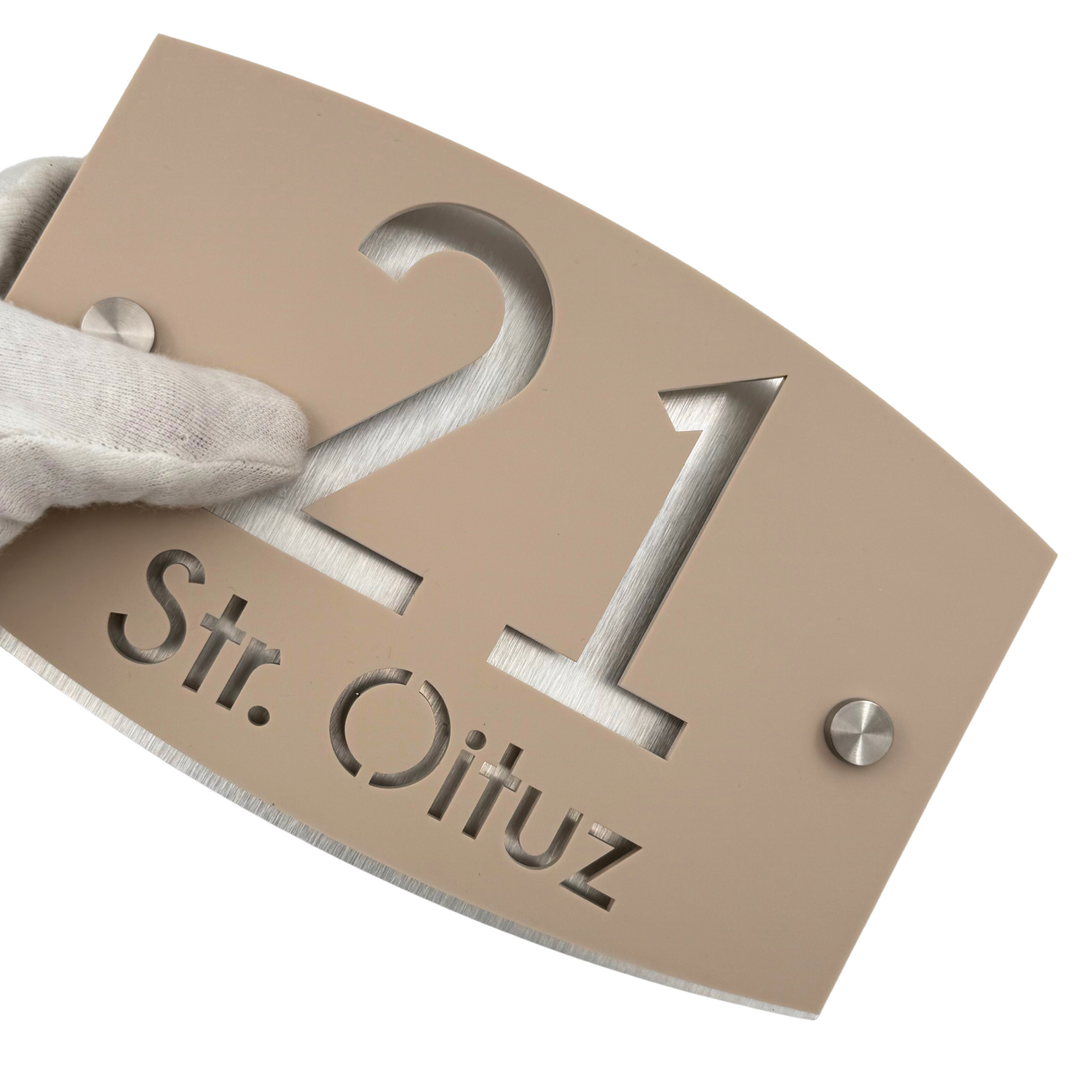 PREMIUM HOUSE NUMBER - Cream colour Satin Aluminium Silver Mirror 2 Spacers Silver - 20×13 cm