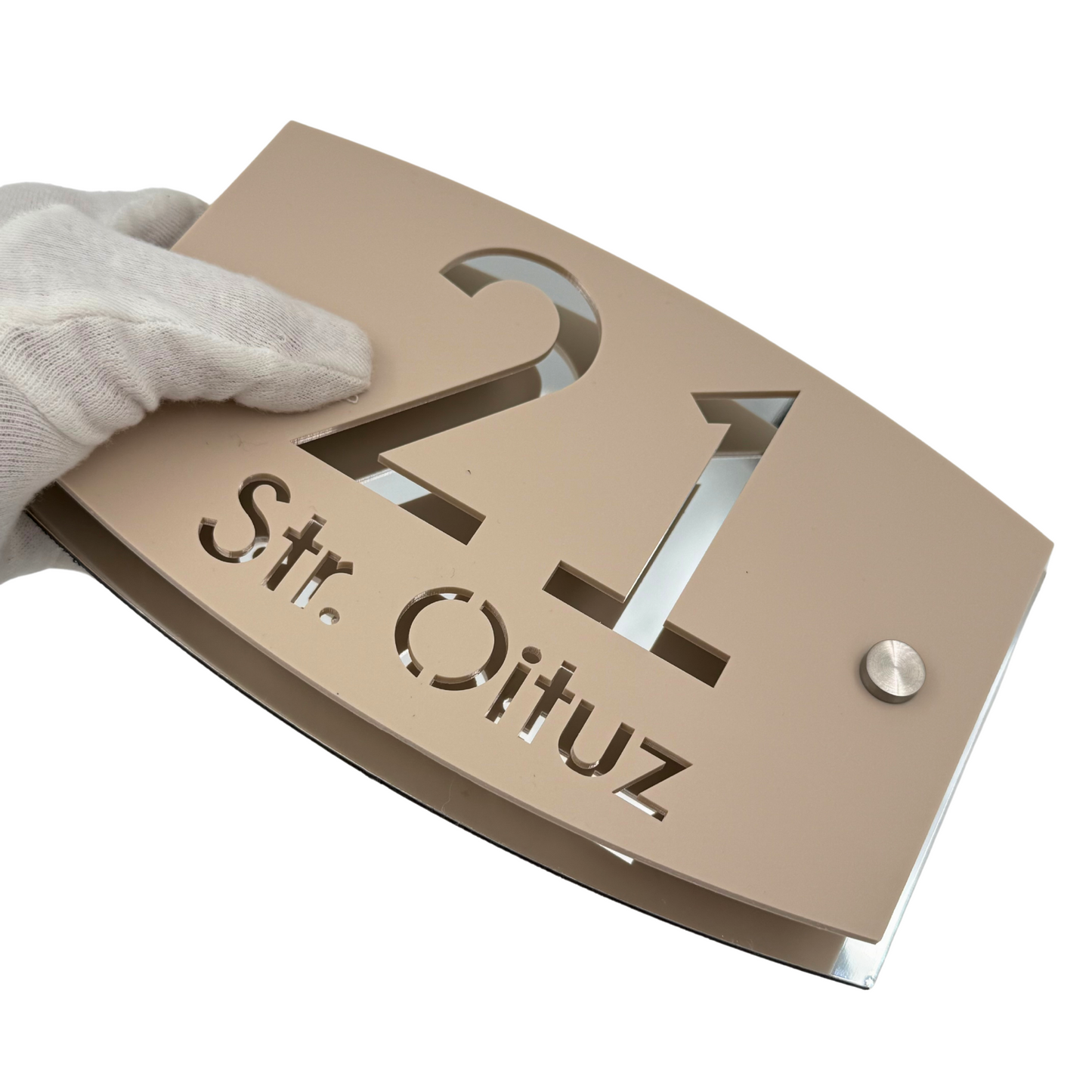 PREMIUM HOUSE NUMBER - Cream colour Satin Aluminium Silver Mirror 2 Spacers Silver - 20×13 cm
