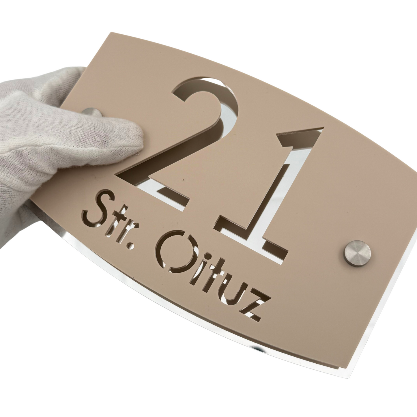 PREMIUM HOUSE NUMBER - Cream colour Satin Aluminium Silver Mirror 2 Spacers Silver - 20×13 cm