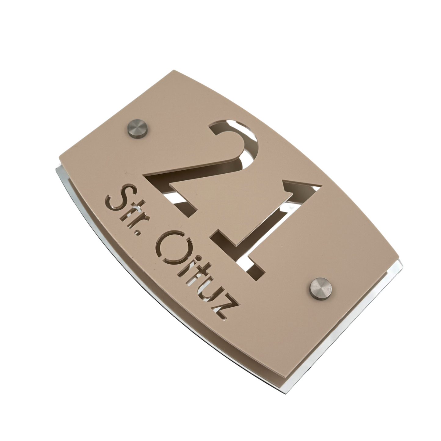 PREMIUM HOUSE NUMBER - Cream colour Satin Aluminium Silver Mirror 2 Spacers Silver - 20×13 cm