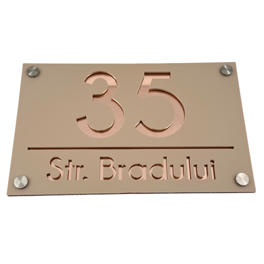 PREMIUM HOUSE NUMBER - Cream colour Satin Rose Gold Mirror 4 Spacers Silver - 24×15 cm