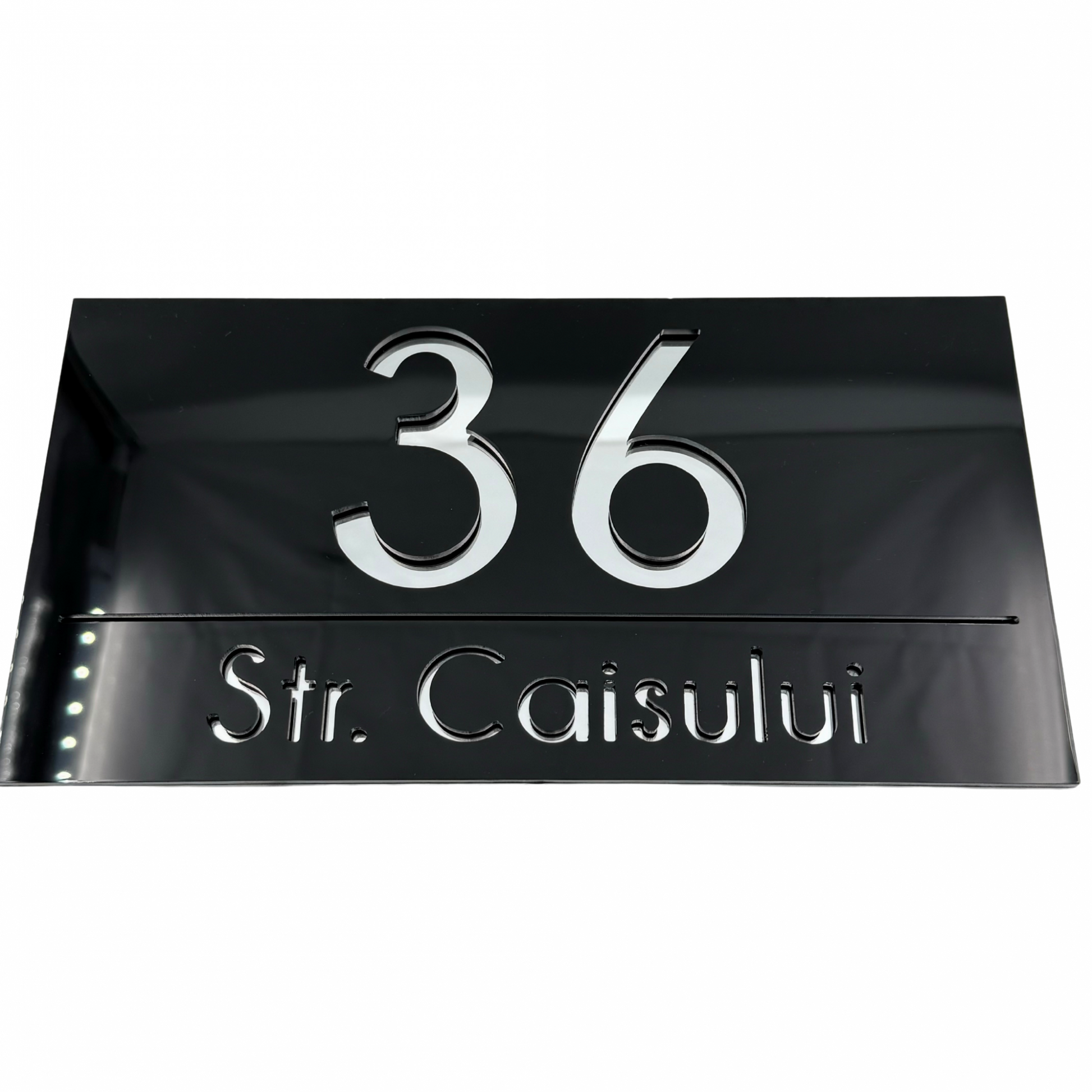 PREMIUM HOUSE NUMBER - Glossy Black Silver Mirror - 28×15 cm