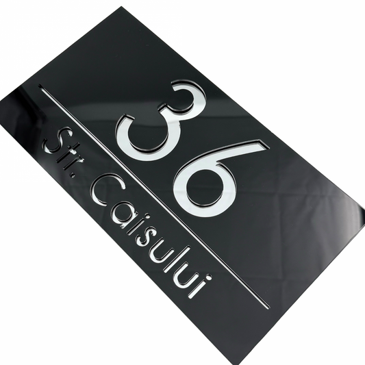 PREMIUM HOUSE NUMBER - Glossy Black Silver Mirror - 28×15 cm