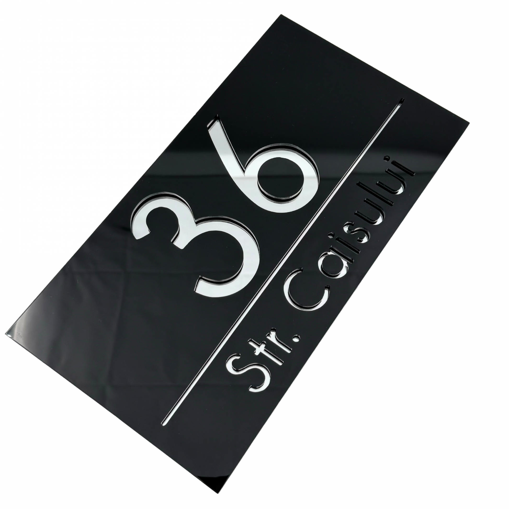 PREMIUM HOUSE NUMBER - Glossy Black Silver Mirror - 28×15 cm