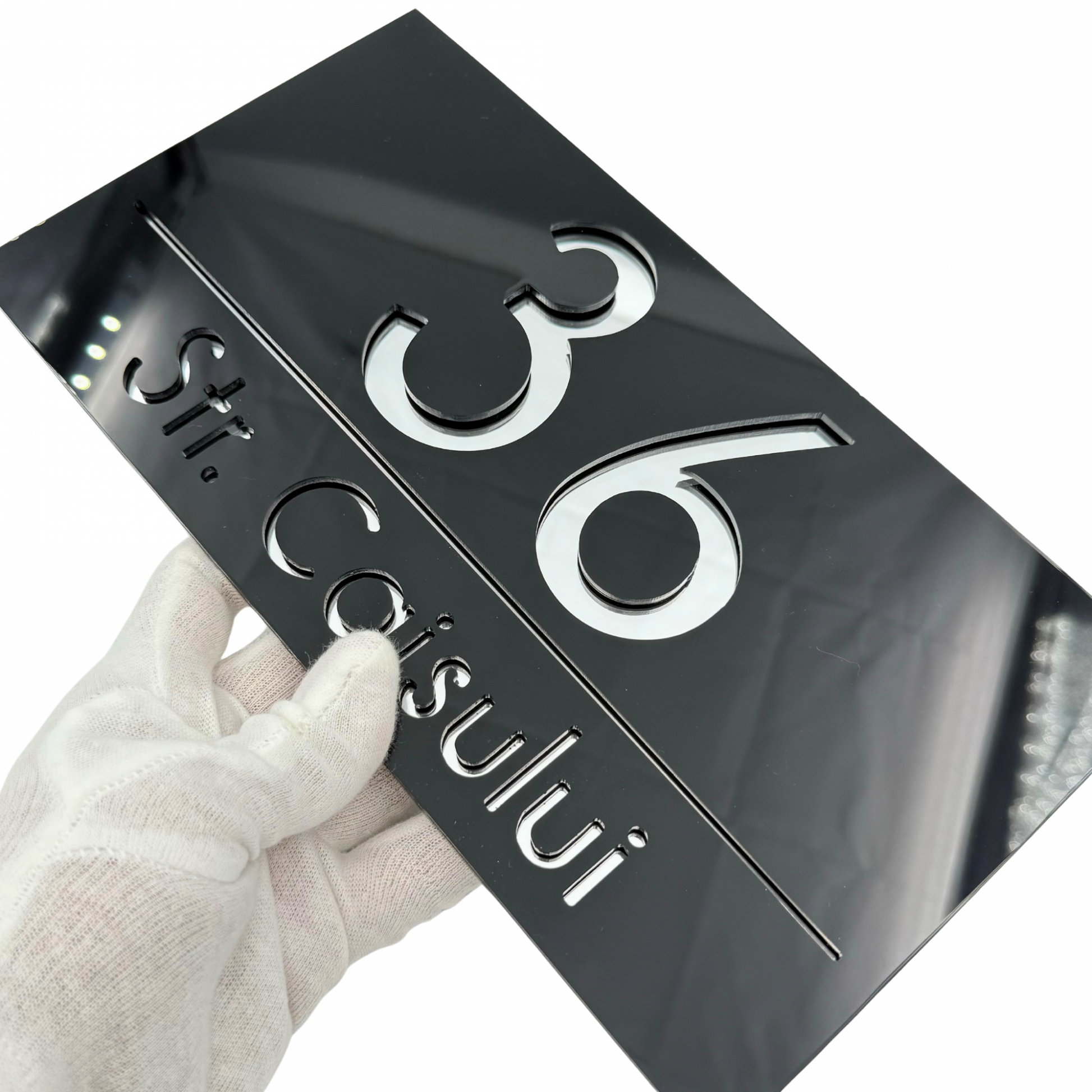 PREMIUM HOUSE NUMBER - Glossy Black Silver Mirror - 28×15 cm