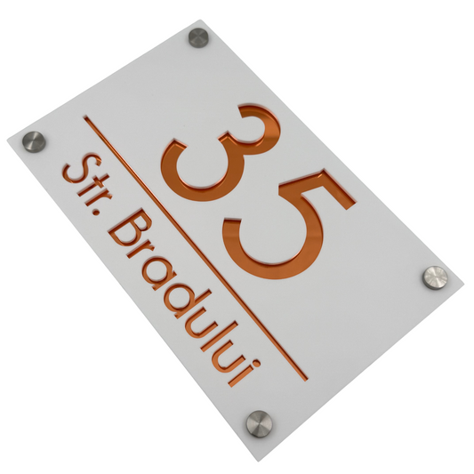 PREMIUM HOUSE NUMBER - White Satin Copper Mirror 4 Spacers Silver - 24×15 cm
